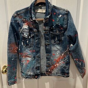 Upcycled distressed blue Jean jacket - stretch denim - one of a kind xl(18-20)